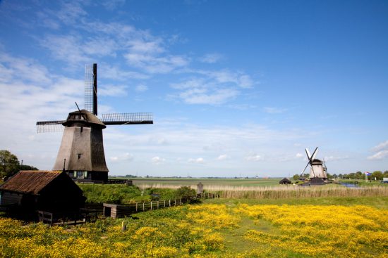 Molens in De Schermer in de polders van Noord-Holland, Nederland