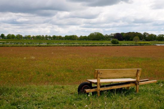 Bij Hof Boerhoes uitkijken over de dijk. Fietsen door het Vechtdal van Duitsland naar Nederland, fietsvakantie