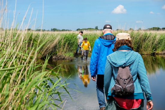 Wandelen over water in Natuurpark Guisveld in Zaandijk, Zaanstad, Nederland