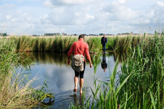 Wandelen over water in Natuurpark Guisveld in Zaandijk, Zaanstad, Nederland