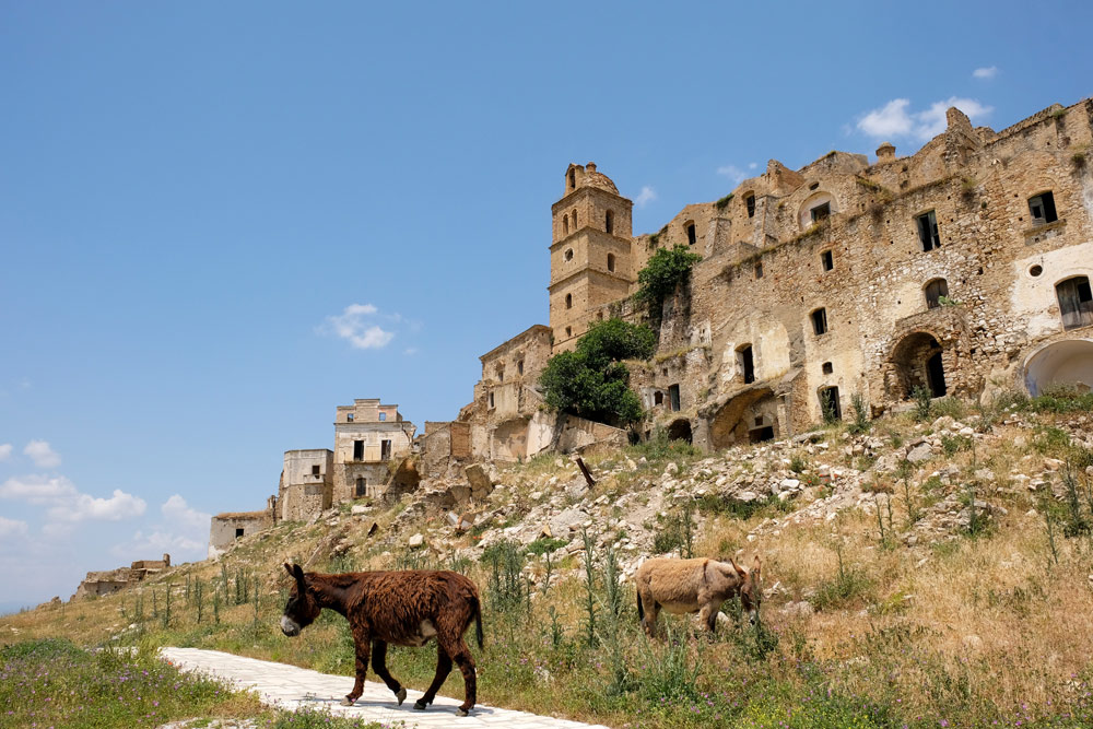 Nu wonen er enkel nog dieren in Craco, Basilicata. Rondreis Basilicata, Italie, langs Matera en ankele andere stadajes in de Kleine Dolomieten van Lucarna