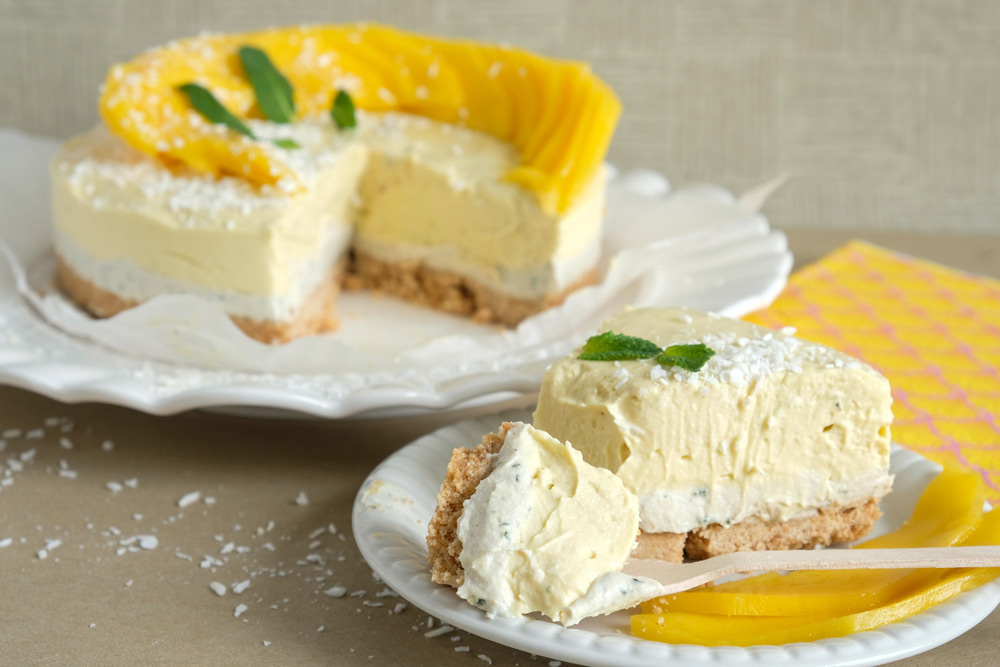 no bake vegan munt-mango cheesecake met kokos, taart, veganistisch, plantaardig